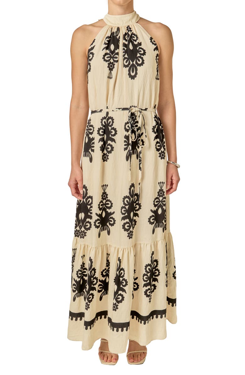 English Factory Allover Print Halter Dress, Alternate, color, Cream/ Black