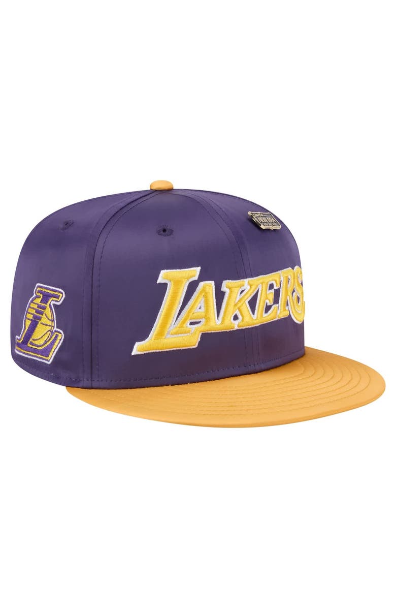 New Era Men's New Era Purple/Gold Los Angeles Lakers Throwback Satin Vintage Pin Two-Tone 59FIFTY Fitted Hat, Alternate, color, Purple