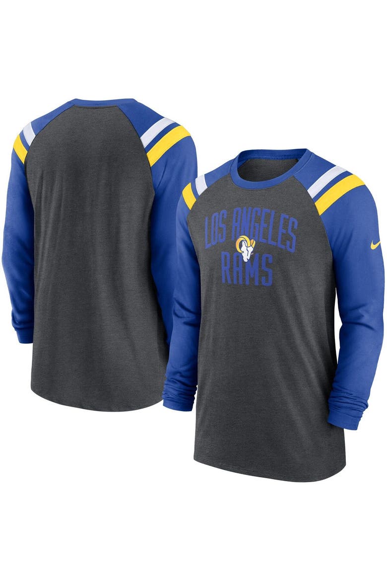 Men's Nike Heathered Charcoal/Royal Los Angeles Rams Tri-Blend Raglan Athletic Long Sleeve Fashion T-Shirt, Main, color, Heather Charcoal