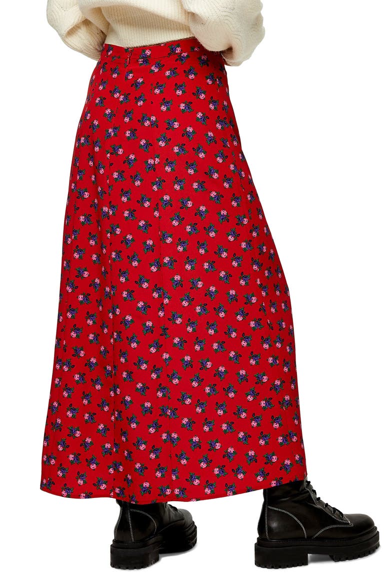 Floral Double Split Midi Skirt, Alternate, color, RED MULTI