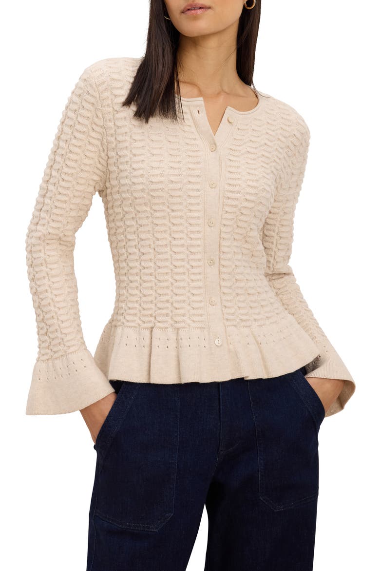 Frill Textured Cotton Blend Cardigan, Main, color, PALE SISAL