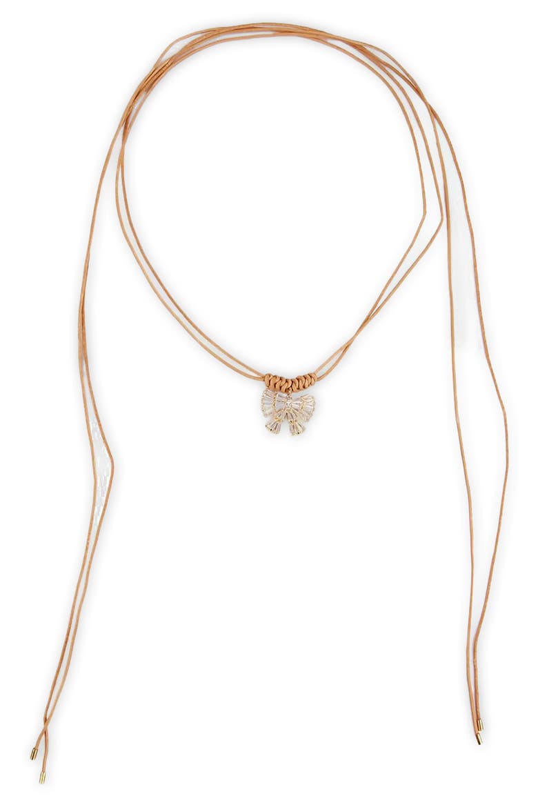 Crystal Bow Leather Wrap Choker Necklace, Alternate, color, KHAKI