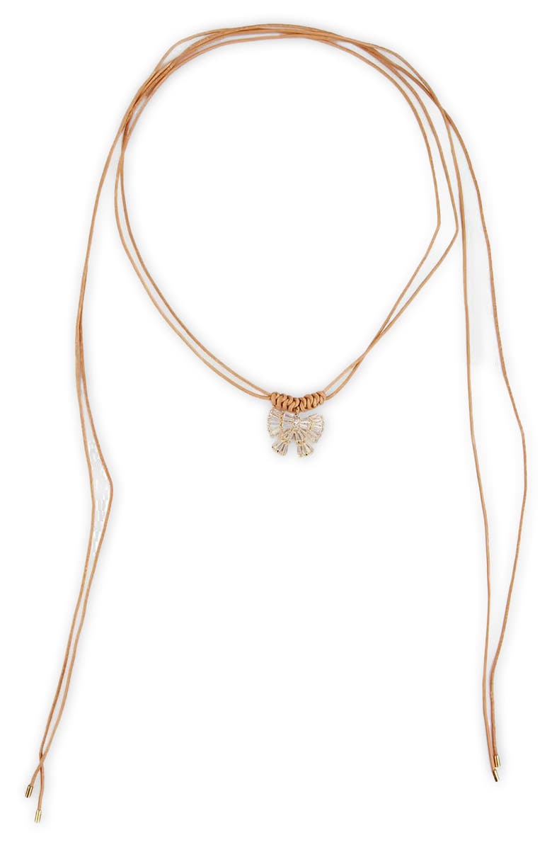 SAACHI Crystal Bow Leather Wrap Choker Necklace, Alternate, color, Khaki