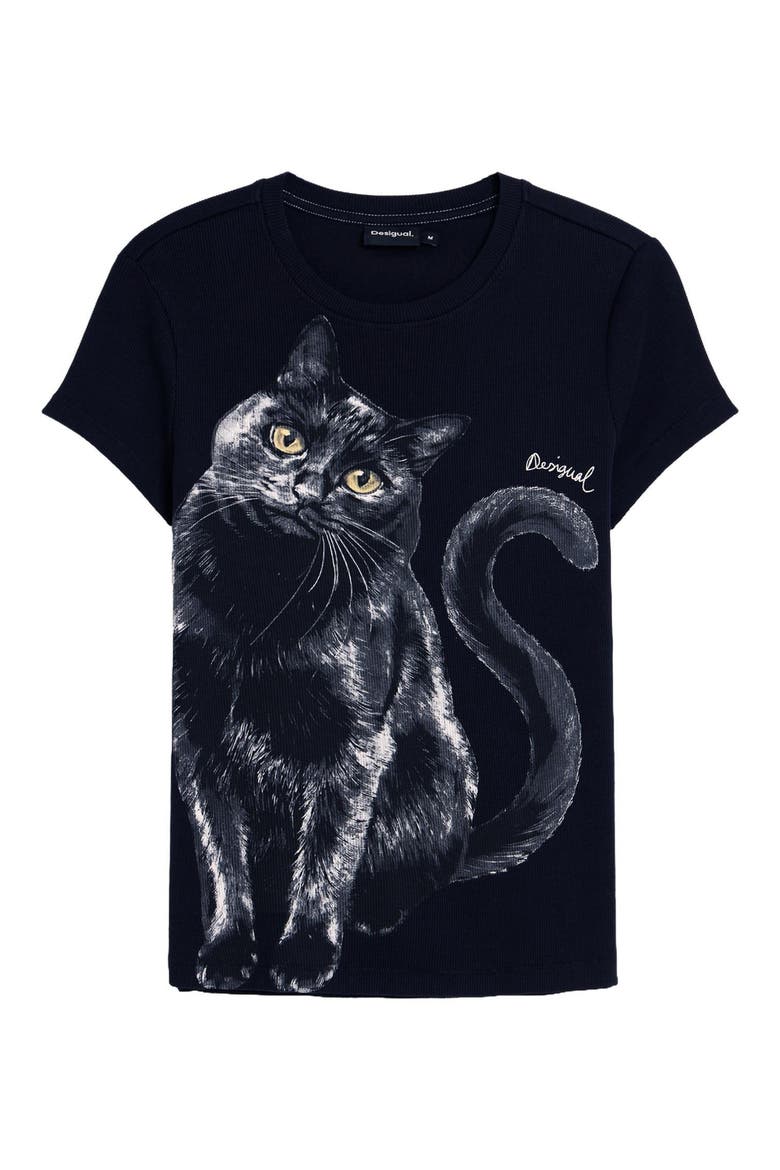 Stretch Cotton Cat Graphic T-Shirt, Alternate, color, BLACK
