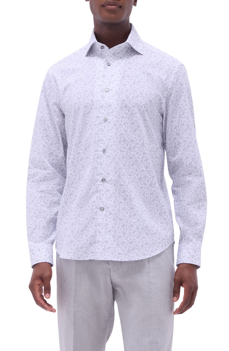 Bugatchi Axel Floral Shaped Fit Button-Up Shirt, Main, color, Platinum