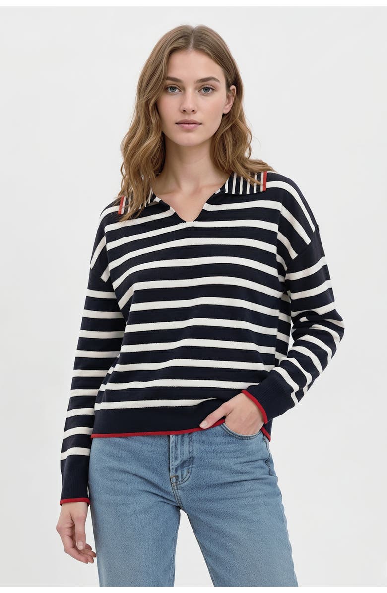 Central Park West Maisie Bright Striped Ls Polo, Main, color, Navy Multi