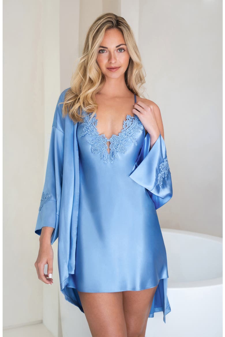 Raelynn Lace Trim Satin Chemise, Alternate, color, CORNFLOWER BLUE