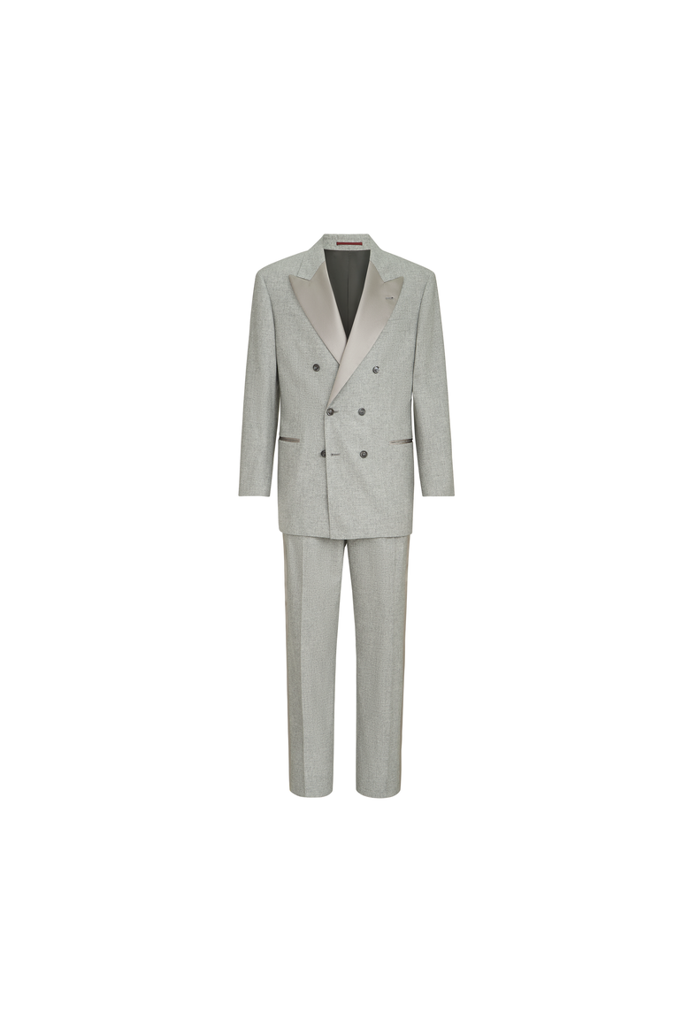 Cashmere and silk lightweight flannel tuxedo one-and-a-half breasted jacket and trousers with double pleats and waist tabs, Alternate, color, Light Grey