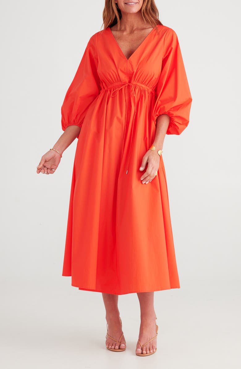 Brave+True Sunshine Drawstring Waist Midi Dress, Main, color, Mandarin