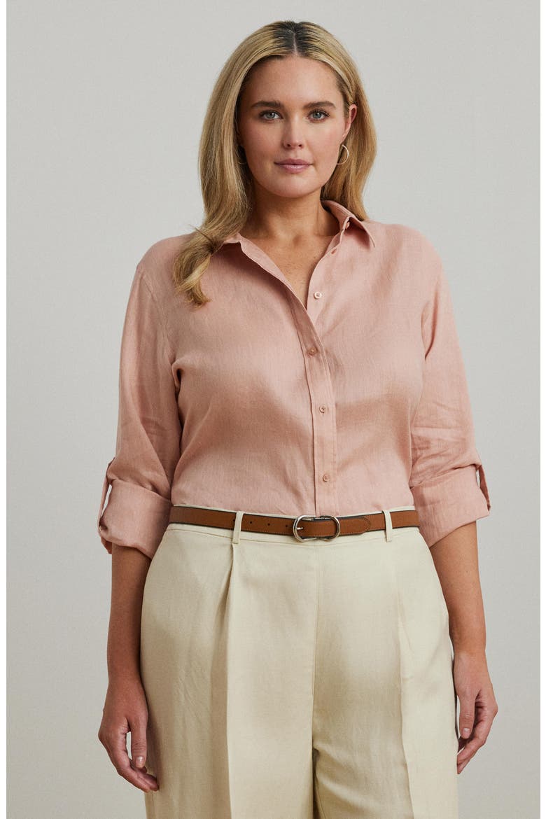 Relaxed Fit Linen Roll Tab-Sleeve Shirt, Alternate, color, SUNRISE BLUSH