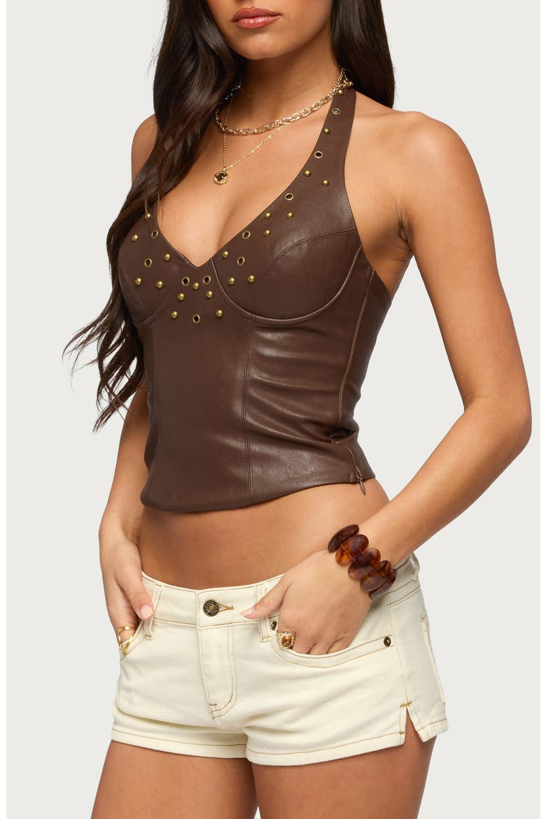 Vaya Studded Faux Leather Halter Top, Alternate, color, BROWN