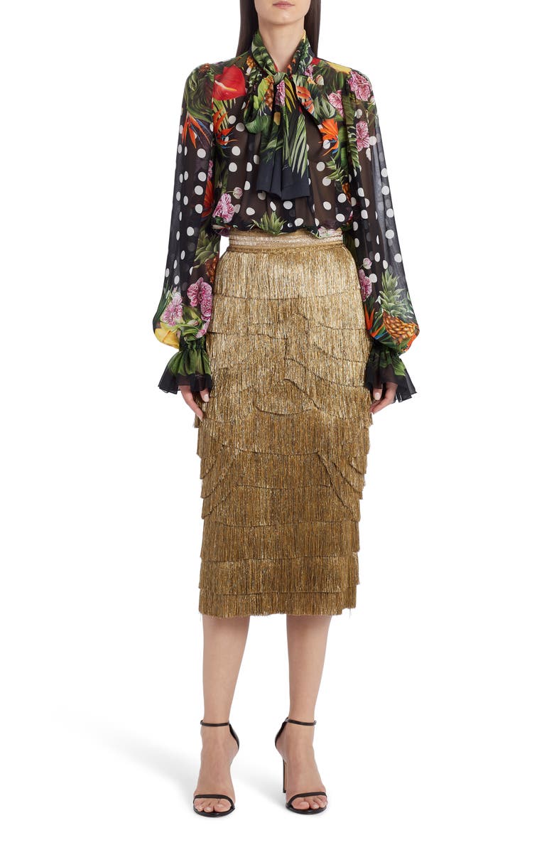 Dolce&Gabbana Metallic Fringe Stretch Silk Midi Skirt, Alternate, color, 