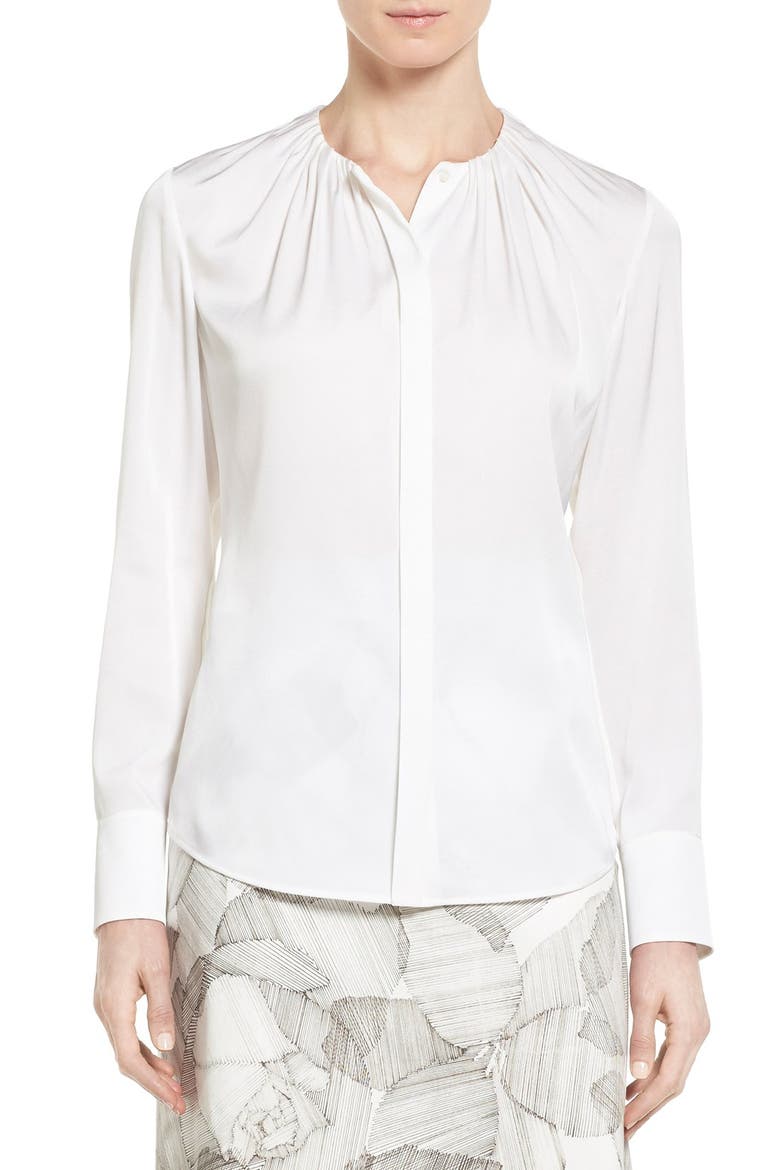 'Banora' Ruched Neck Stretch Silk Blouse, Main, color, VANILLA LIGHT