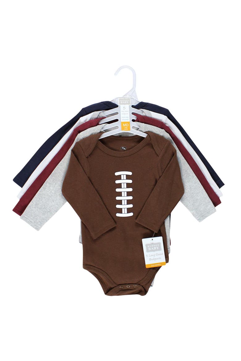 Five-Piece Collection of Long-Sleeve Cotton Bodysuits, Alternate, color, Football Buddy