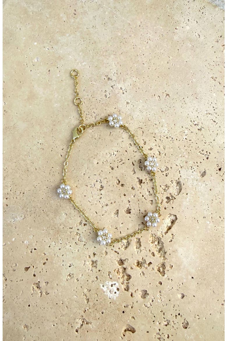 14K Gold Plated Faux Pearl & Crystal Flower Station Bracelet, Alternate, color, GOLD/ WHITE