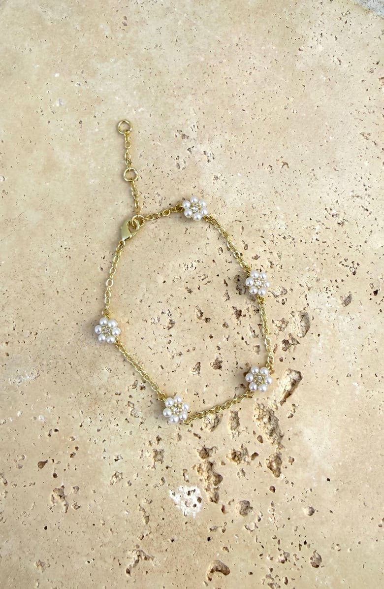 Adornia 14K Gold Plated Faux Pearl & Crystal Flower Station Bracelet, Alternate, color, Gold/ White