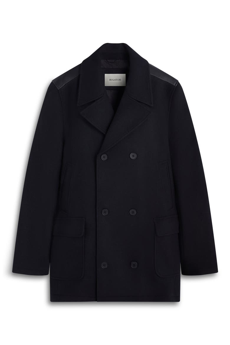 Leather Trim Wool Blend Tweed Peacoat, Alternate, color, BLACK