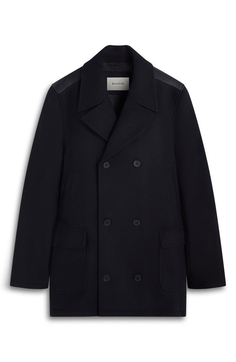 Bugatchi Leather Trim Wool Blend Tweed Peacoat, Alternate, color, Black