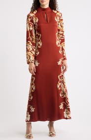 Elie Tahari The Analeia Paisley Detail Long Sleeve Silk Blend Midi Dress