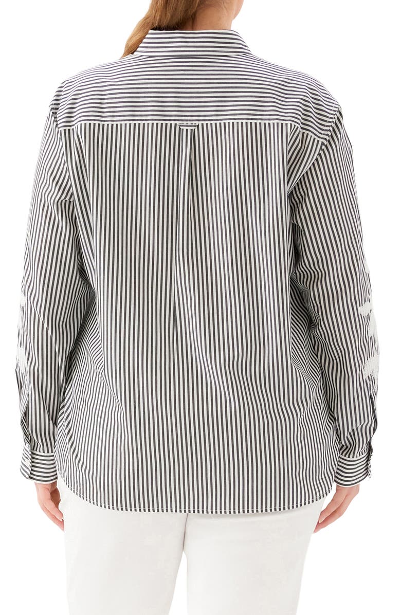 Karen Kane Stripe Embroidered Cotton Blend Button-Up Shirt, Alternate, color, Black W/ Off Whi