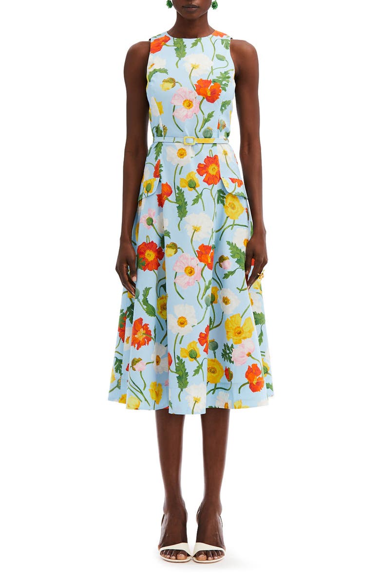 Oscar de la Renta Poppy Print Sleeveless Belted Dress, Main, color, 
