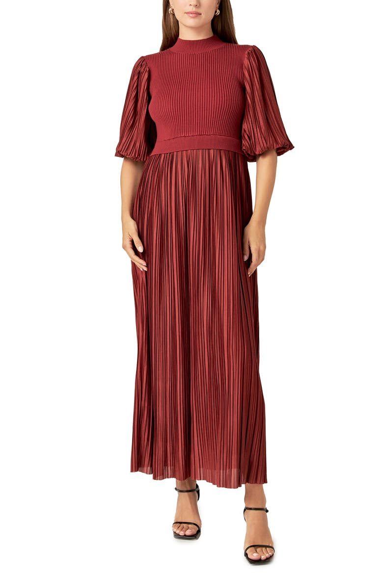 Mixed Media Pleated Dress, Alternate, color, BRICK