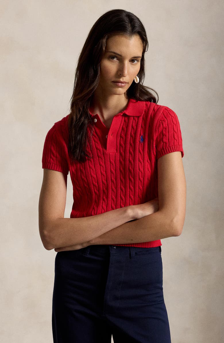 Polo Ralph Lauren Crop Cable Knit Cotton Polo Sweater, Alternate, color, Cruise Red