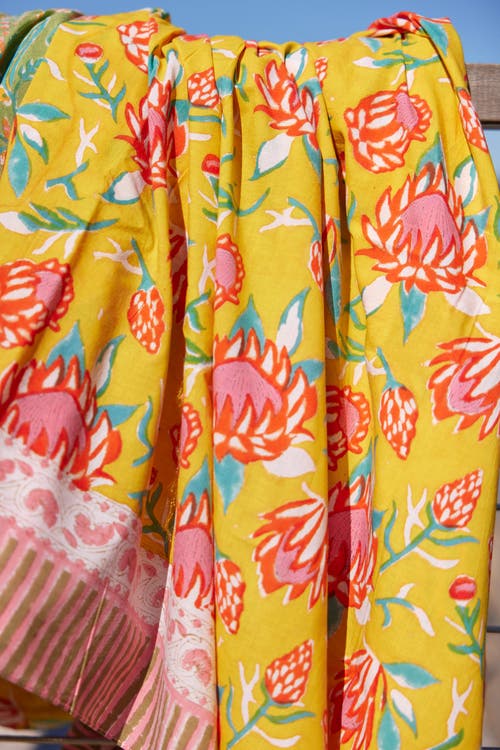 Hat Attack Printed Cotton Picnic Throw In Yellow Multi