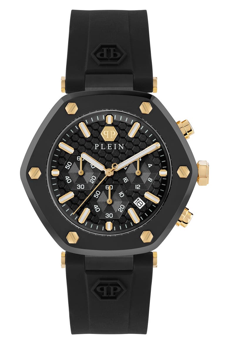 The Hexagon Chronograph Silicone Strap Watch, 42mm, Main, color, IP BLACK