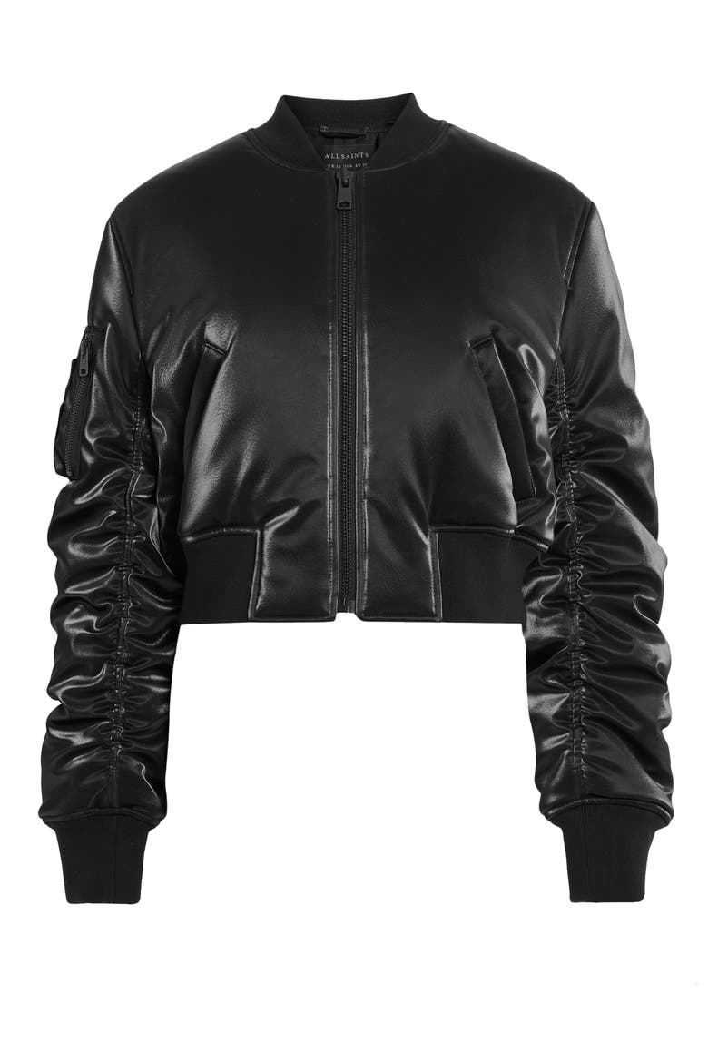 Callie Shine Crop Faux Leather Bomber Jacket, Alternate, color, BLACK