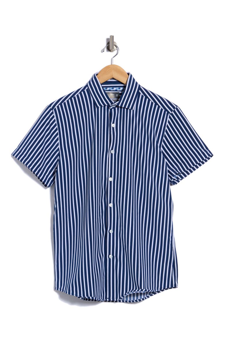 Vertical Stripe Short Sleeve Dress Shirt, Main, color, NAVY