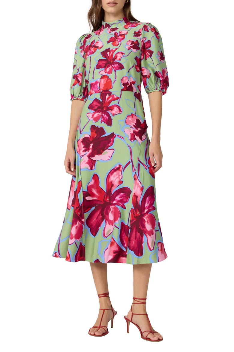 Nella Floral Mock Neck Midi Dress, Main, color, HIBISCUS SMOKE DEGRADE