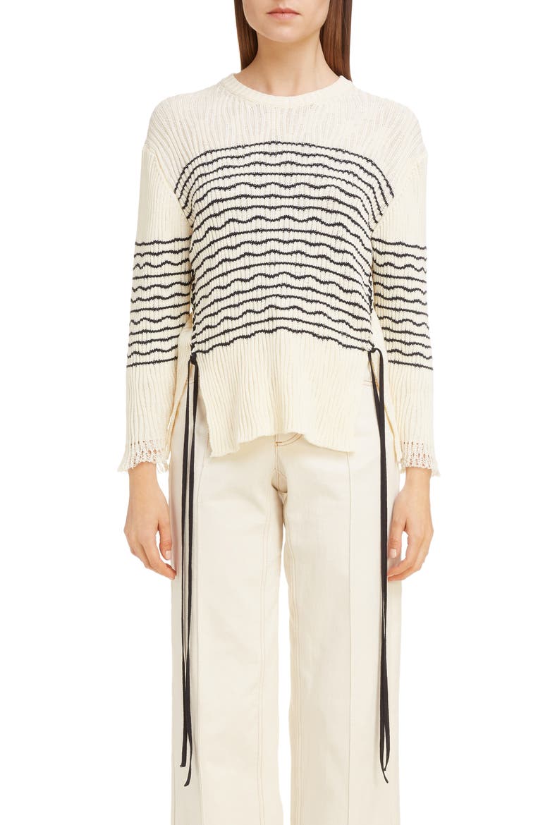 Side Tie Stripe Ribbed Sweater, Main, color, SEEDPEARL BEIGE