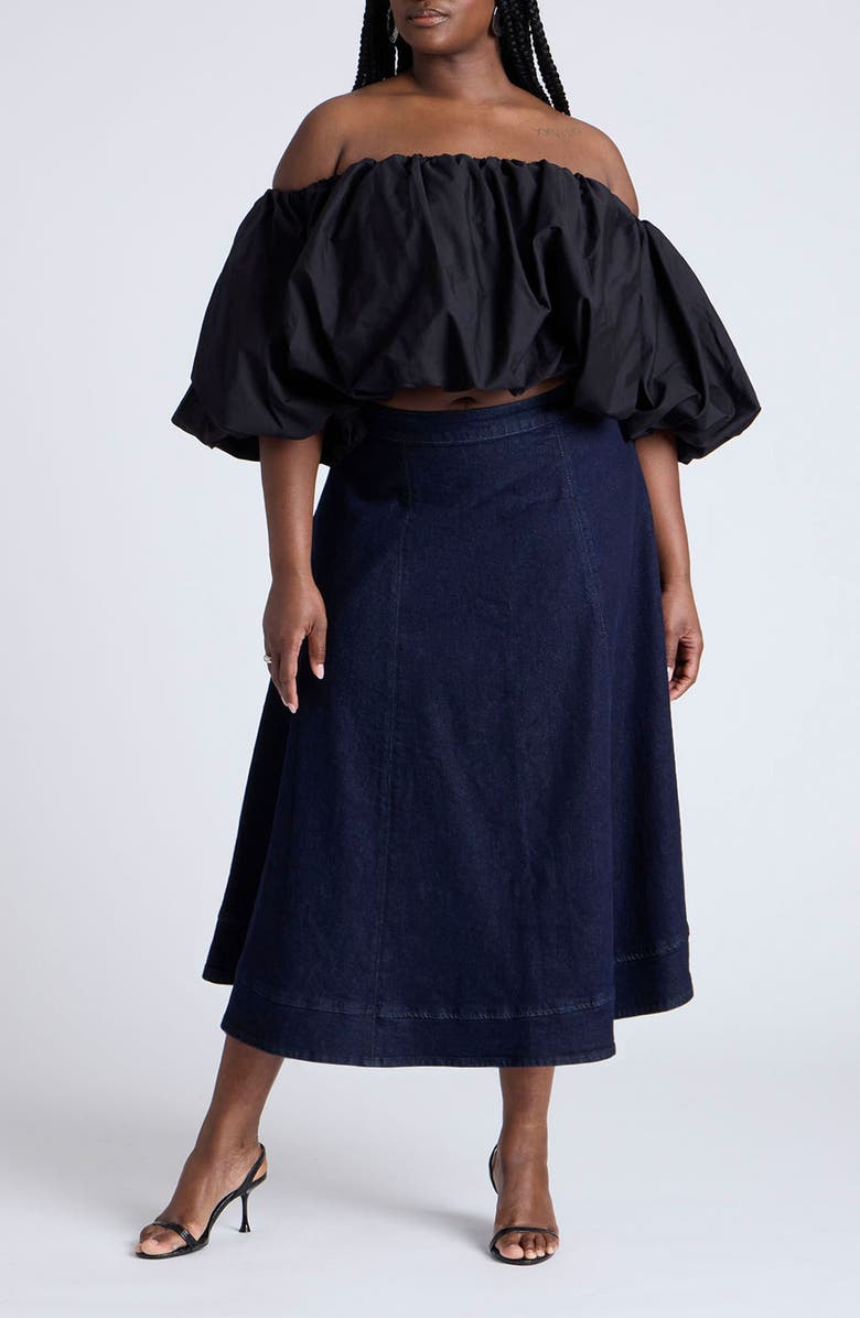 ELOQUII A-Line Denim Midi Skirt, Alternate, color,