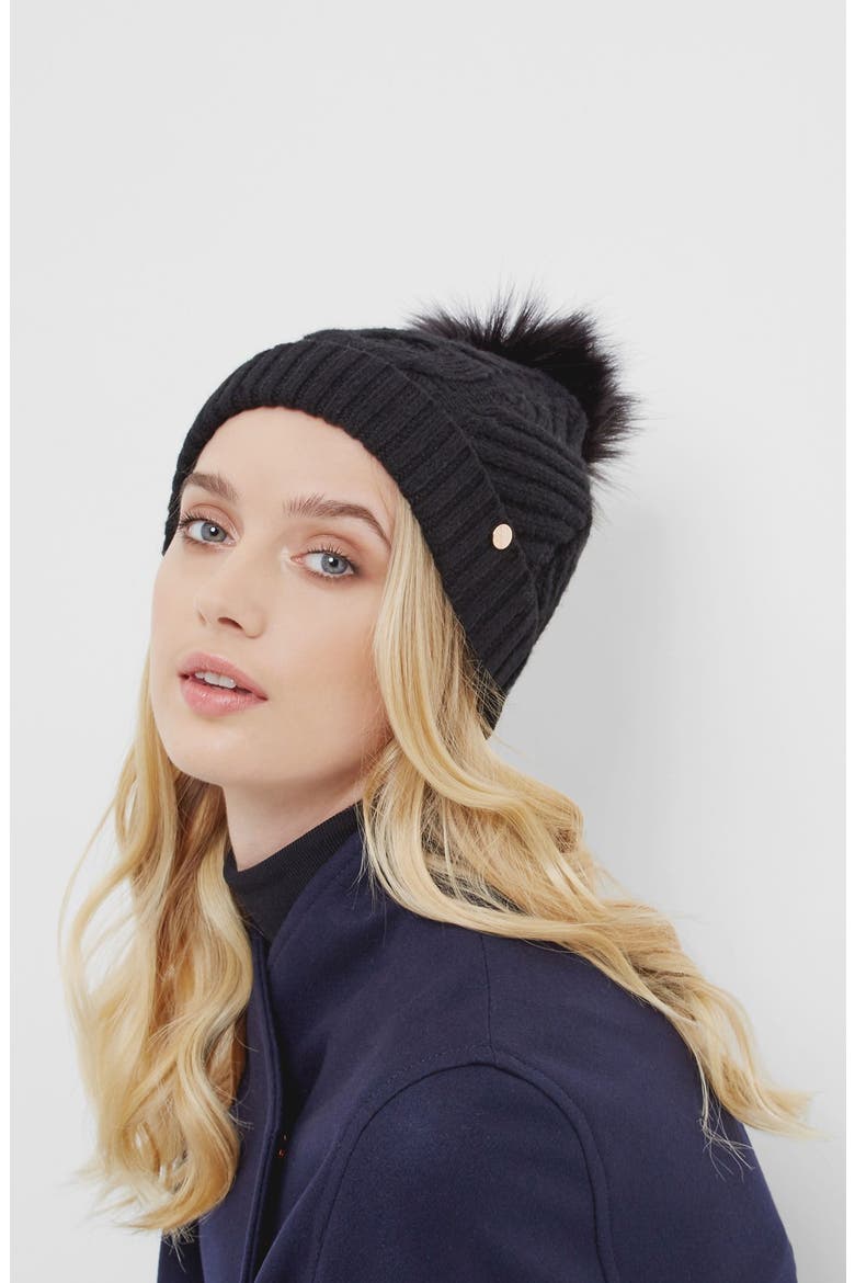 Cable Knit Beanie with Faux Fur Pom, Alternate, color, BLACK