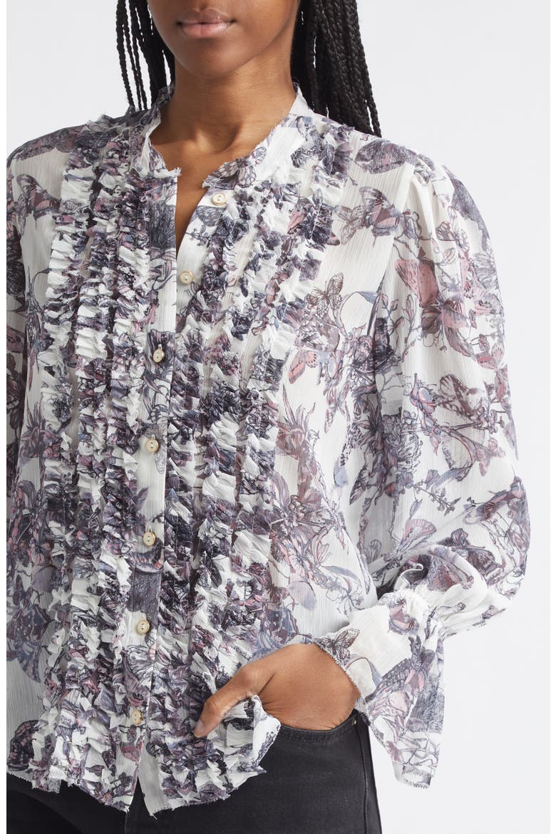 Eunice Butterfly Print Ruffle Trim Button-Up Top, Alternate, color, VINTAGE WHITE WATERCOLOR BUFLY