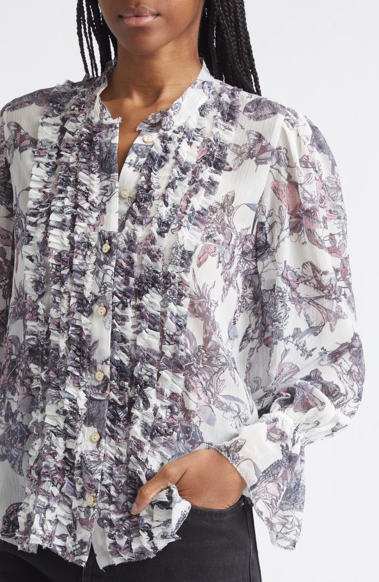 L'AGENCE Eunice Butterfly Print Ruffle Trim Button-Up Top, Alternate, color, Vintage White Watercolor Bufly