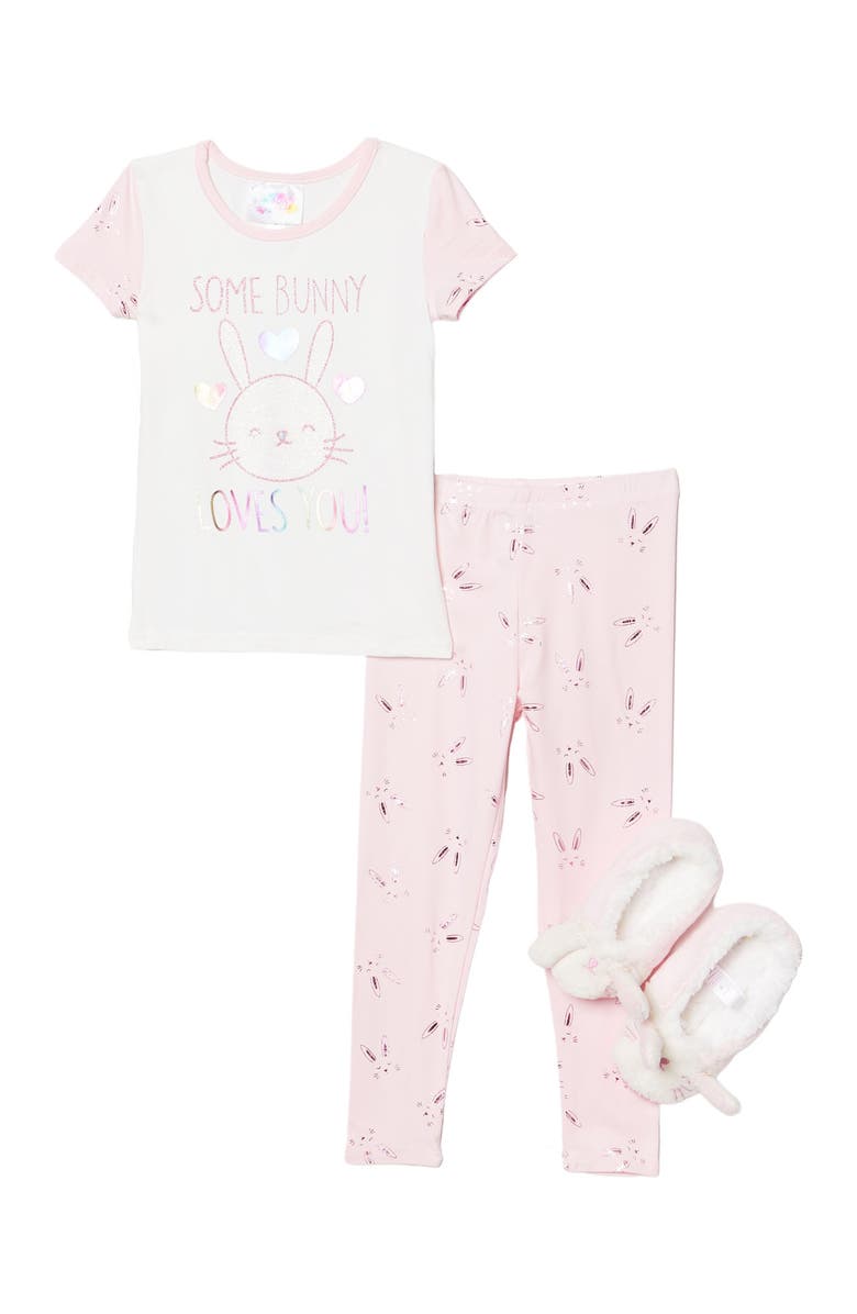 BTWEEN Somebunny Loves You Somebunny Loves You T-Shirt, Pants, & Faux Fur Slipper Set, Main, color, 