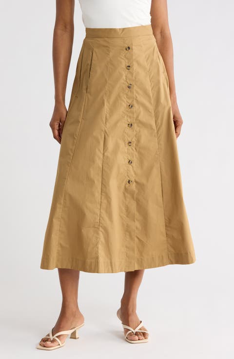 Button Front Cotton Midi Skirt