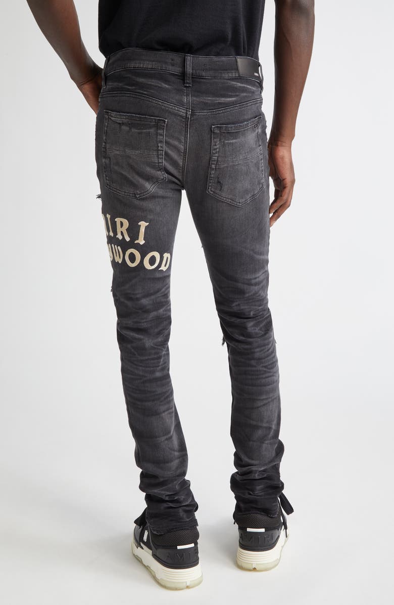 AMIRI Hollywood Appliqué Rip & Repair Slim Fit Jeans, Alternate, color, Faded Black
