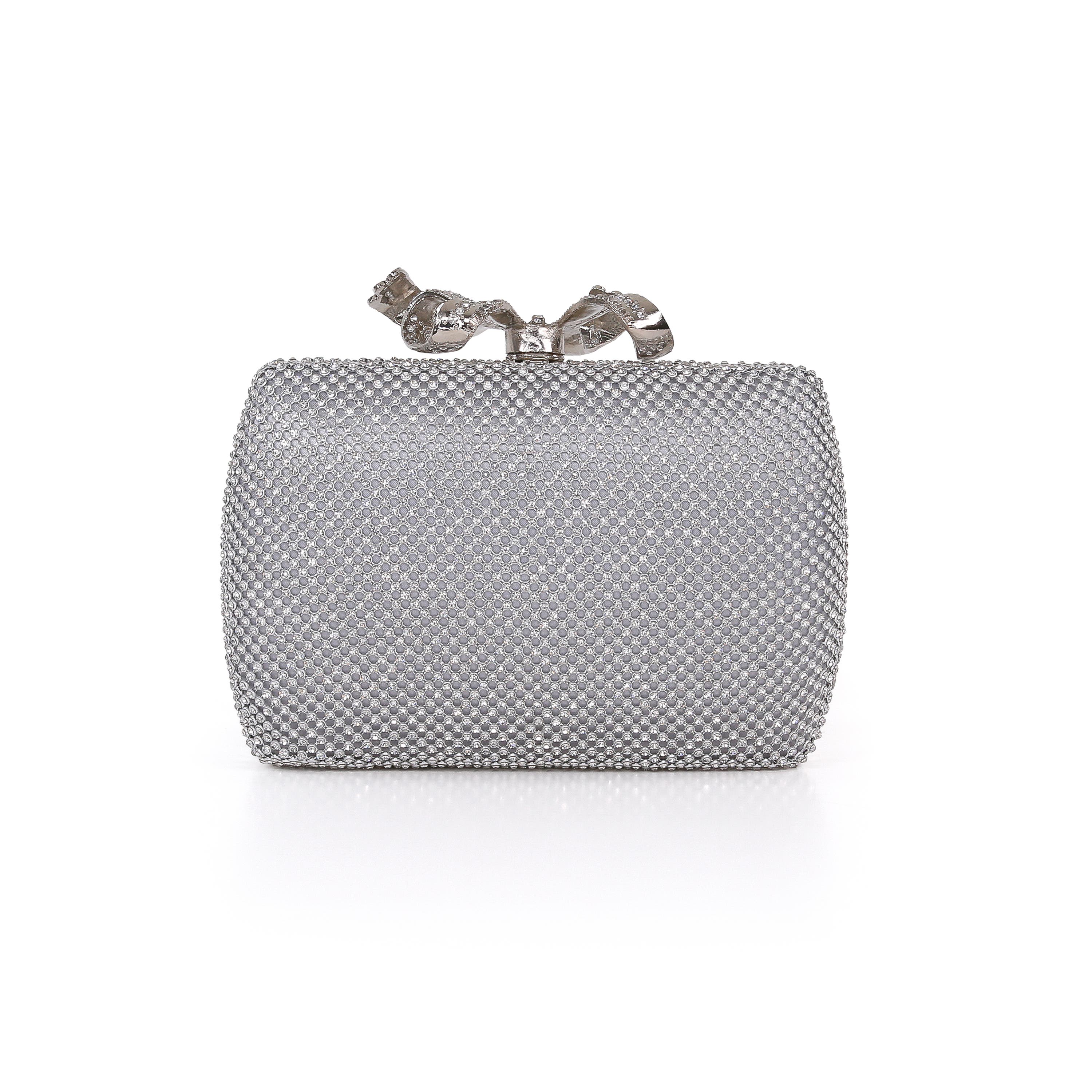 Cassia Crystal Minaudiere w. Bow Clasp, Alternate, color, Silver