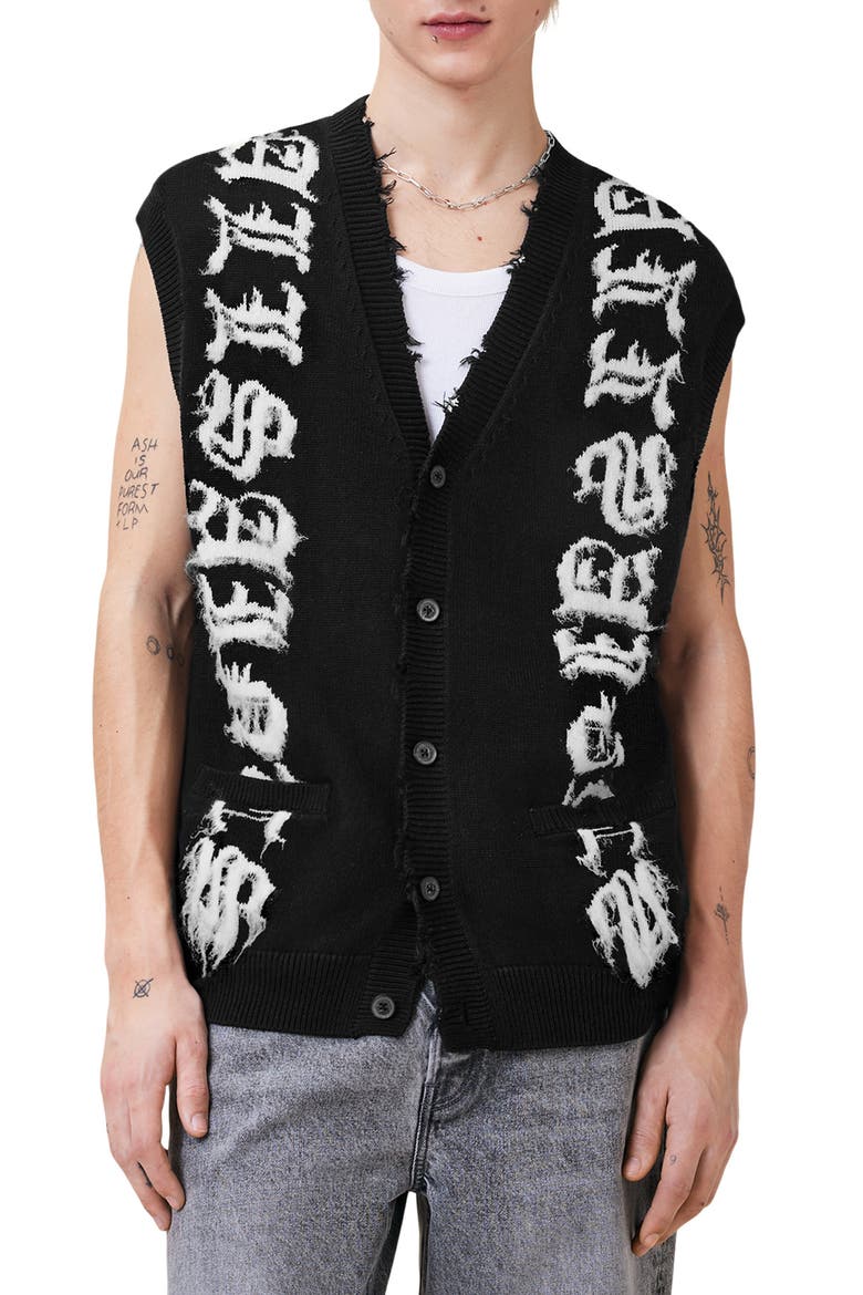 Scripture Distressed Graphic Button-Up Sweater Vest, Main, color, BLACK/ ECRU WHITE