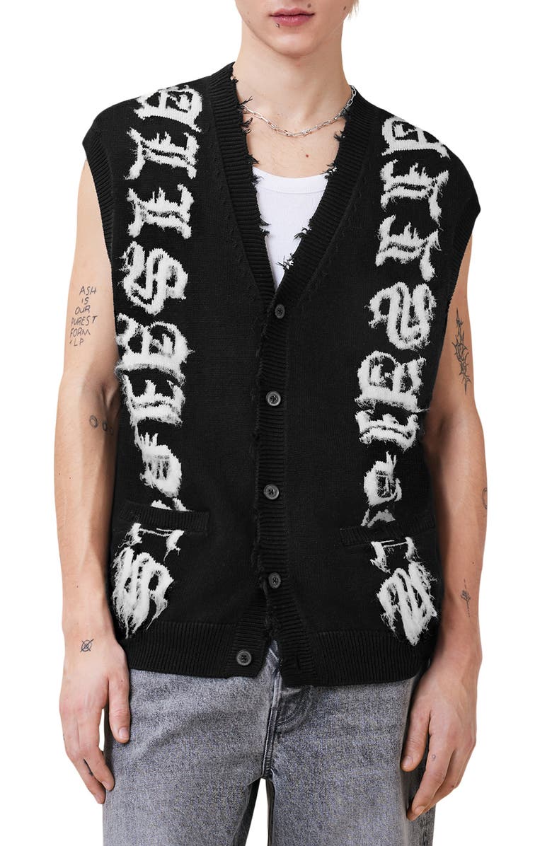 AllSaints Scripture Distressed Graphic Button-Up Sweater Vest, Main, color, Black/ Ecru White