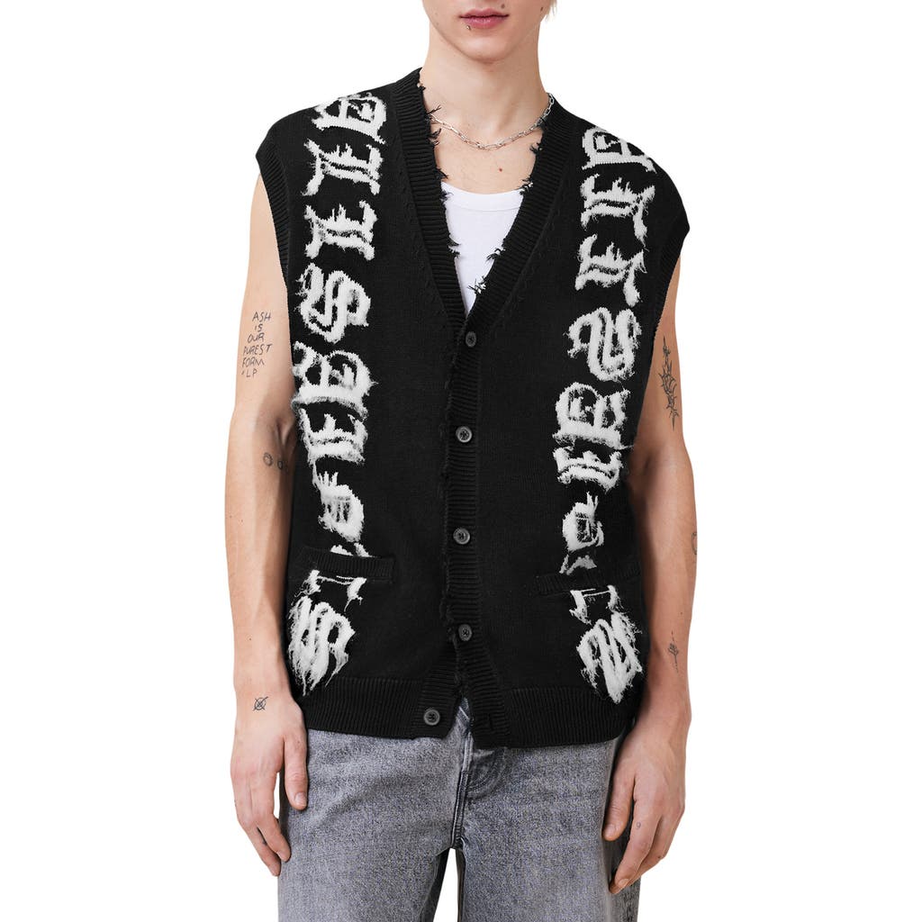Allsaints Scripture Distressed Graphic Button-up Sweater Vest