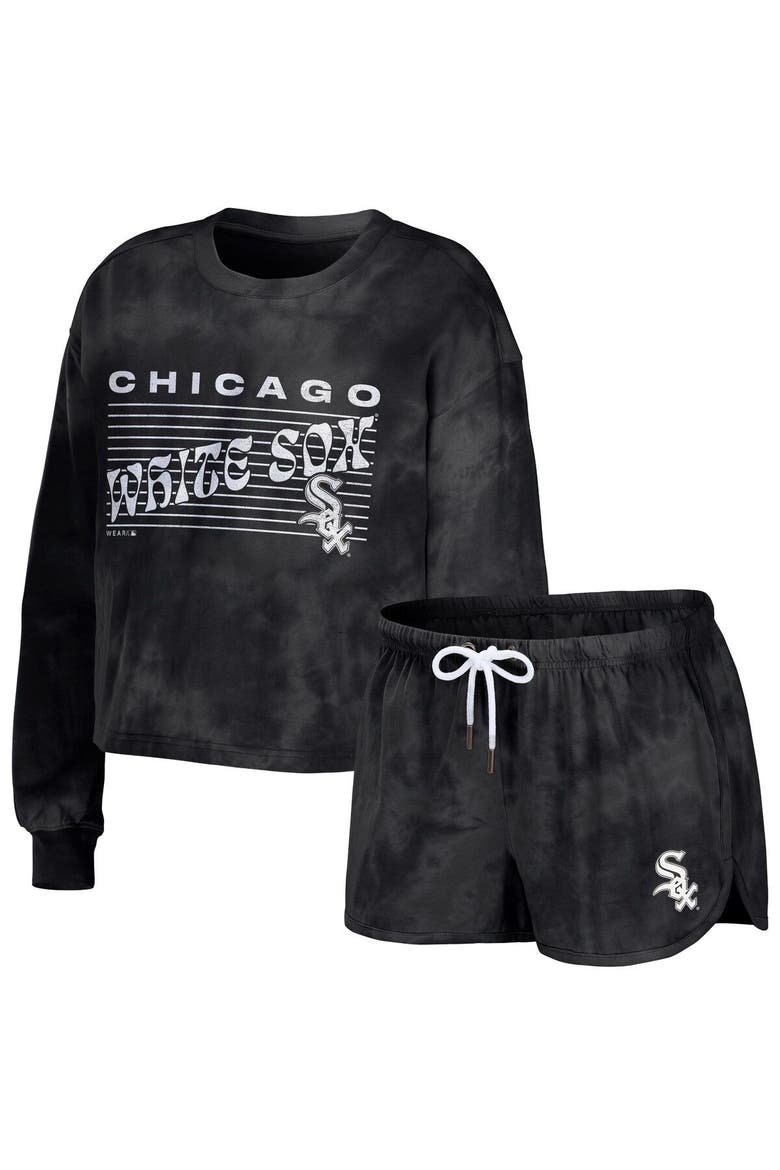 Women's WEAR by Erin Andrews Black Chicago White Sox Tie-Dye Cropped Pullover Sweatshirt & Shorts Lounge Set, Main, color, Black