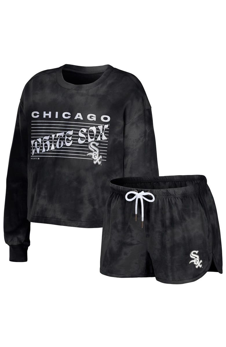 WEAR by Erin Andrews Women's WEAR by Erin Andrews Black Chicago White Sox Tie-Dye Cropped Pullover Sweatshirt & Shorts Lounge Set, Main, color, Black