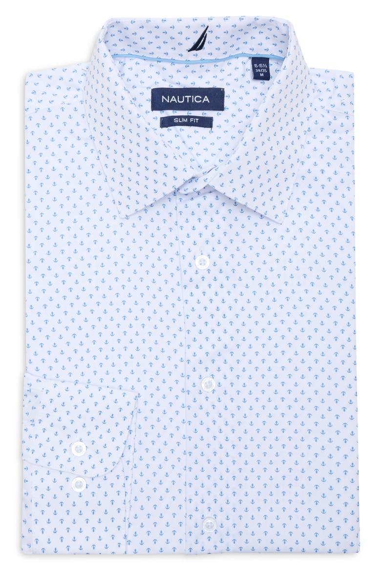 Slim Fit Stretch Dress Shirt, Main, color, WHITE WITH BLUE PRINT