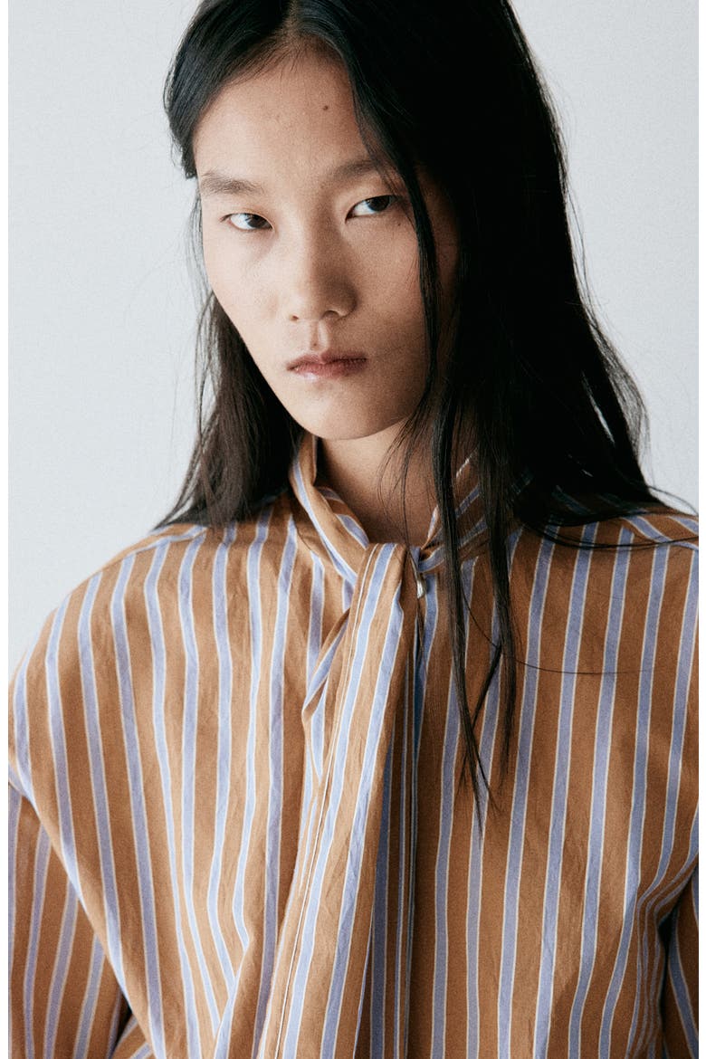 Striped Shirt with Scarf Tie, Alternate, color, BROWN