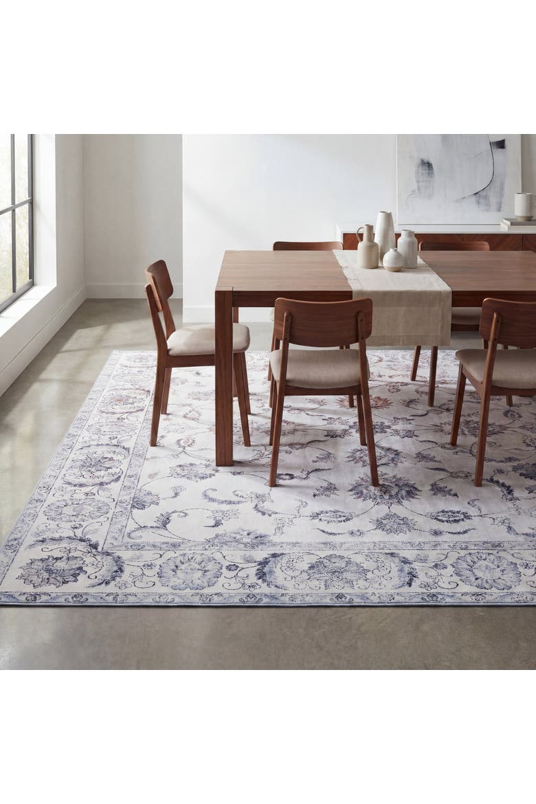 Arabella Vintage Floral Border Non-Slip Machine-Washable Beige/Cream 9 ft. x 12 ft. Area Rug, Main, color, Ivory/Gray
