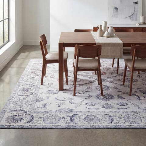 Arabella Vintage Floral Border Non-Slip Machine-Washable Beige/Cream 9 ft. x 12 ft. Area Rug